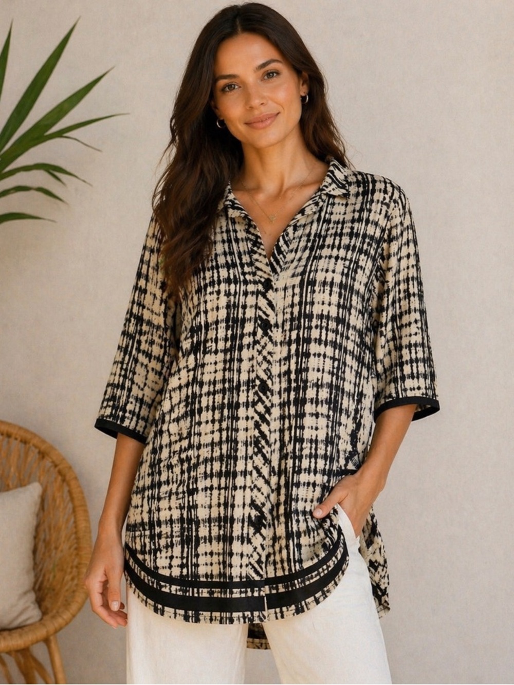 John Mark Geometric Tunic Blouse Black Cream Abstract Button Front Top Large